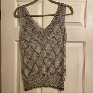 Beaded & Woven Double-V Tank Top, Silver & Grey, sz S